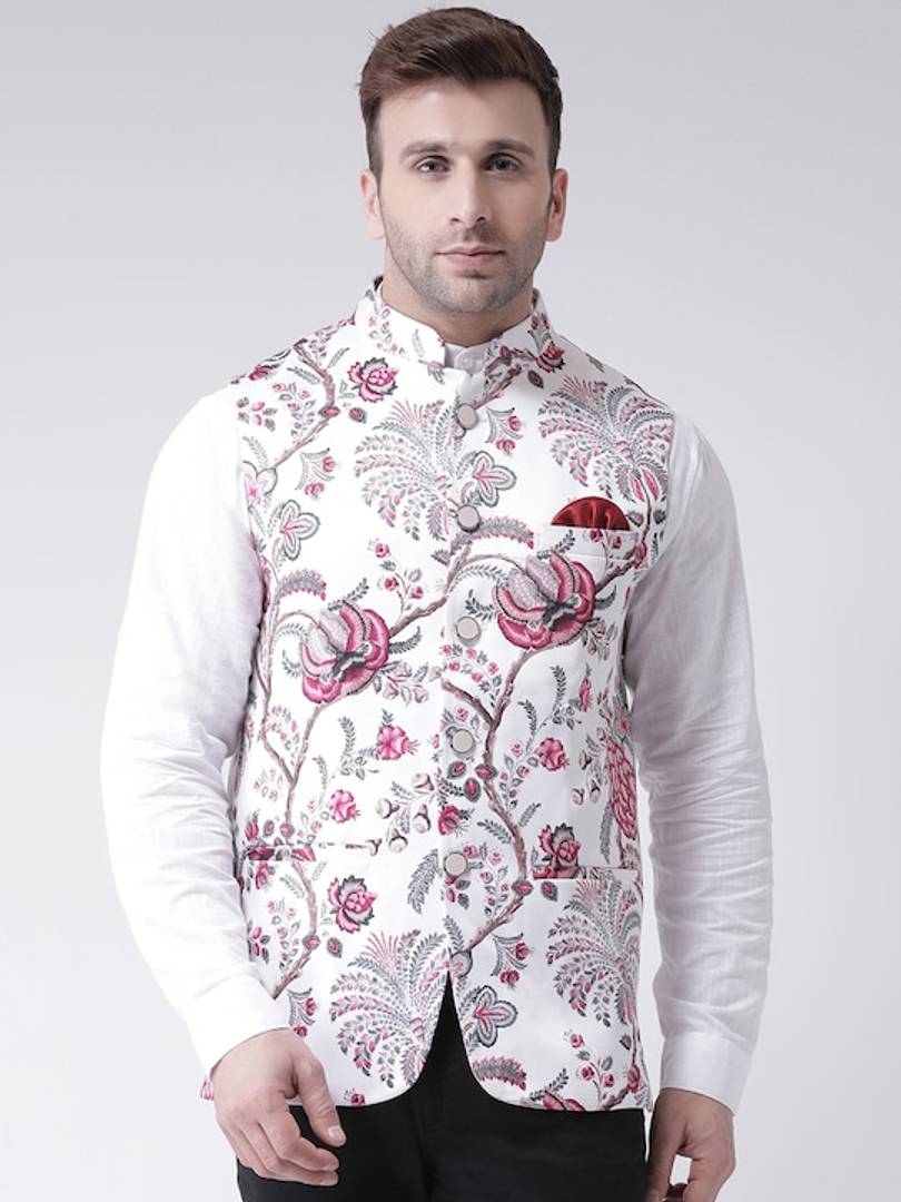 Men's White Viscose
 Printed Nehru Jackets